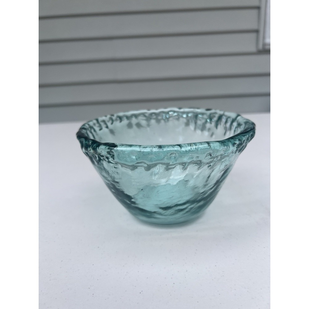Hand Blown Recycled Glass Bowl Aqua Blue Green Bubble Artisan 6" Handmade - Picture 12 of 14